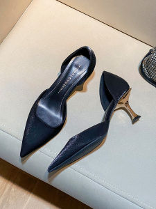 สีดำ ผ้าไหม ผ้าซาติน รองเท้าส้นสูงกลวง ผู้หญิง รองเท้า 2024 ใหม่ชี้นิ้วเท้า เรียบหรู หลากหลาย ทํางานสบายมืออาชีพส้นบางรองเท้าเดียว