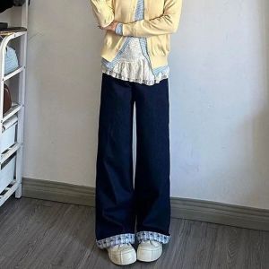 Quần Jeans Denim Xanh Đậm Thêu Cỡ Lớn Cho Nữ Kiểu Mỹ Thiết Kế Mùa Xuân 2025 Quần Ống Rộng Ôm Dáng Quần Thường Ngày