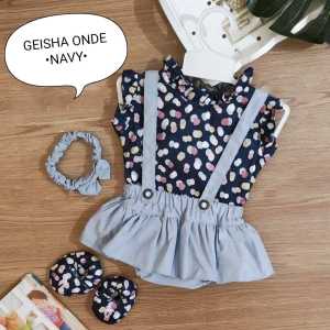 Klik Mds Baju Bayi Perempuan Geisha Set Dengan Overall Jumper Katun Free Sepatu & Headband 1 Ukuran Estimasi Usia 0-6 Bulan
