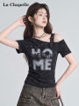 La Chapelle | Letter Print Off-Shoulder Slim Fit Short Tee. 