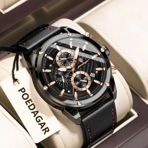 POEDAGAR Fashion Man Wristwatch Waterproof Luminous Chronograph Date Classic Watches for Men Leather Military Quartz Mens Watch