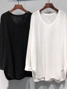 Slimming Long Sleeve T-Shirt Womens Loose Mid-Length Base Shirt Fall Season Polyester Fiber round Neck Pure Color Casual Style