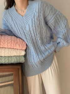 เสื้อสเวตเตอร์คอวีหลวมๆ สีเทา 2025 ฤดูใบไม้ร่วง ฤดูหนาว ฤดูใบไม้ผลิ ฤดูร้อน แฟชั่นสตรีท ผ้าฝ้ายผสม ปกติ ปกติ ปกติ