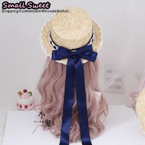 Small Sweet Store Lolita Straw Hat Lolita Princess Lace Bow Ribbon Straw Hat Women Girls Summer Straw Hats Beach Sun Hat