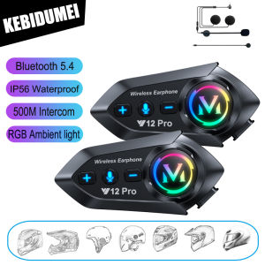 KEBIDUMEI Y12Pro Bluetooth 5.4 Motorcycle Helmet Intercom Headset with RGB Ambient Light Waterproof Earphone Moto Accessories