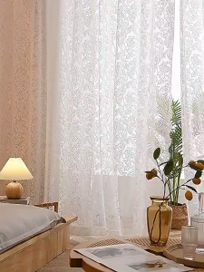 【1-3 Days Delivery】Lace Curtain Rod Pocket White Sheer Curtain Durable Floral Embroidered Polyester 120x200cm Window Drape Shades
