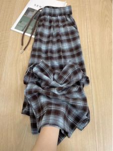 Retro Plaid Floor-Length Pants Womens 2024 New Casual Straight Leg Slimming American Wide Leg Pants High Waist Long Trousers