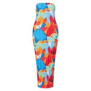 Printed Pleated Strapless Long Skirt with Bow Design Womens Summer Fashion Dress without Brand Registered Trademark