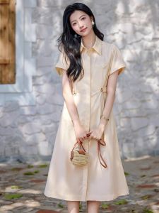WANGGONGZHU | Fashionable Breathable Midi Shirt Dress Women Summer 2025 New French Waist Cinching Slimming Simple Cotton Blend Dress
