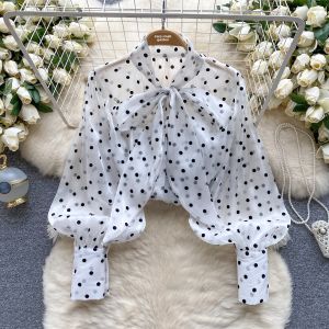 French Style Retro Socialite Style Fancy Dotted Shirt Womens Autumn and Winter Puff Sleeves Bows Design Elegant Tops