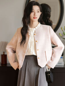 เสื้อแจ็คเก็ตสั้นคอปกกลมหลวมๆ สำหรับผู้หญิง ทรงเข้ารูป สไตล์ฝรั่งเศส ทรงเข้ารูป เสื้อคาร์ดิแกนเปิดไหล่ ฤดูใบไม้ผลิ 2025