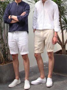 Summer Linen-like Men Straight-Leg Pants Thin Breathable Shorts Loose Casual Beach Plaid Easiest for Match Fifth Pants Fashion