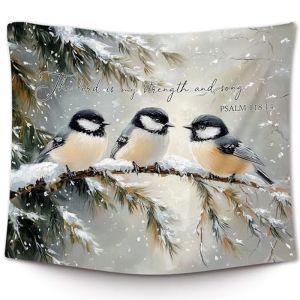 VIKAMA Winter Chickadee Bird Lord Is My Strength Tấm Thảm Treo Tường Tôn Giáo Kitô Giáo Tranh Sơn Dầu Cành Thông Tuyết Thánh Vịnh 118 14 Trang Trí Cho Phòng Ngủ Phòng Khách Phòng Trò Chơi