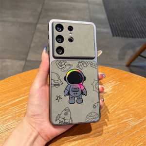 Luxury Cartoon Astronaut Pattern Laser Leather Texture Phone Case for Samsung Galaxy S24 S23 S25 S26 Ultra Plus Shockproof Cover