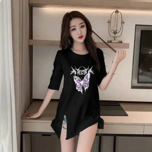 New Womens Casual T-Shirt Short Sleeve Asymmetrical Mid-Length Loose Slimming plus Size Summer Autumn Fashion Top
