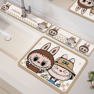 Labubu Kitchen Sink Absorbent Mat No-Wash Faucet Mat Quick Dry Drain Mat Cartoon Style Home Fabric Floor Mats Circular Shape