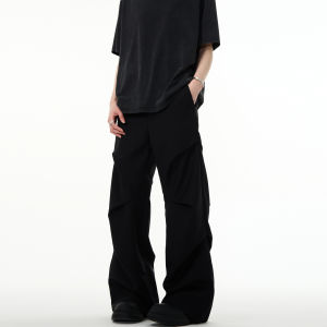 MADWITCH | Vintage Retro Clean Fit Wrinkled Loose Flared Black Trousers