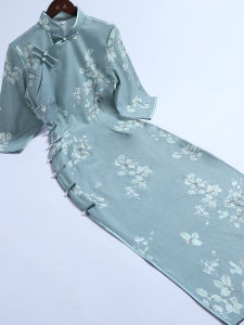 Elegant Long Cheongsam Young Style Back Zipper High Quality Autumn Traditional Chinese Dress Floral Pattern Seven Sleeve