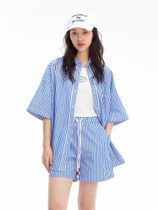 URLAZH Pure Cotton Casual Striped Shirt Womens Short Sleeve Top Thin Outerwear Summer New Arrival Blue White Strip Design