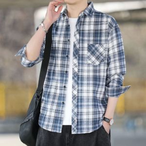Mens Long Sleeve Thin Shirt Autumn Spring Blue Plaid Workwear Classic Style Fashionable City Casual Polyester Cotton Viscose