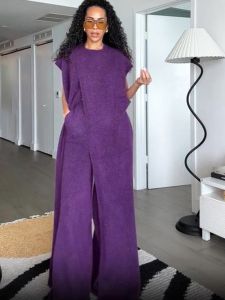 Slimming Purple High Waist Wide Leg Pants Set TWOTWINSTYLE Fashionable Loose Fit Age Defying Top Bottom Ensemble