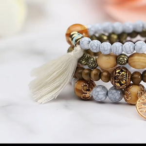 O-KAY 4Pcs Handmade Fashion Wood Beaded Bracelets for Women Boho Lucky Tree Tassel Pendant Multi-layer Bracelet Bangles Summer Jewelry