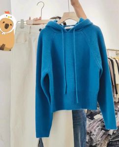 Retro Blue Hooded Knitted Sweater Womens Winter New Style Ageless High-End Feeling Drawstring Knitwear Korean Style Top