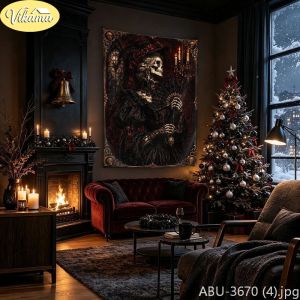 VIKAMA Dark Skeletal Children Sleigh Lantern Hamlet Wall Tapestry Noir Victorian Winter Snow Village Festive Room Home Decor