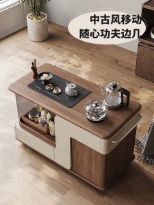 Luxurious Mobile Wooden Side Table Vintage Style Living Room Tea Cart with Storage Square Top Natural Wood Finish