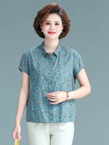 Womens Short-Sleeved Clothes for the Elderly Summer with Cotton Western Style Women Cotton Floral Shirt Large Size Moms Clothing Shirt