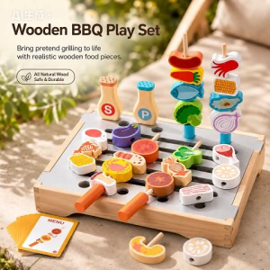 Wooden BBQ Play Set Role Play Kitchen Edu Cooking Pretend Toy For Kids Girl Boy Birthday GiftHand-Eye Coordination Montessori