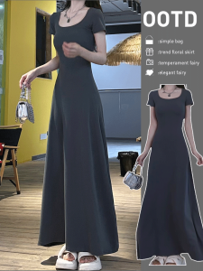 Summer Pure Desire Short Sleeve Square Collar Fish Tail Long Dress Womens Slimming A-Line Dress Sweet Japanese Style High Waist