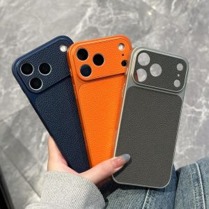 Premium Lychee Faux Leather Phone Case Large Camera Window Shockproof Anti‑Fingerprint Anti‑Slip Protective Cover Multiple Solid Color Casing For iPhone 15 16 17 Pro Max