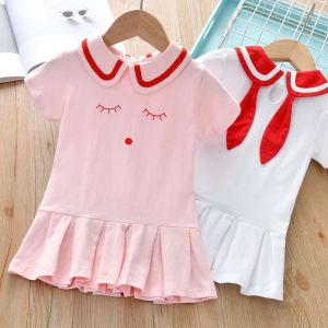 Cute Princess Dress for Girls Summer New Korean Style Baby Doll Collar Short Sleeve Cotton Skirt Childrens Clothing Kids Dresses