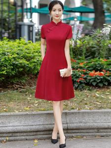 Retro Button Pure Color Midi Dress Improved Version Middle Length Qipao Skirt for Mature Women Summer 2022 Polyester Fiber