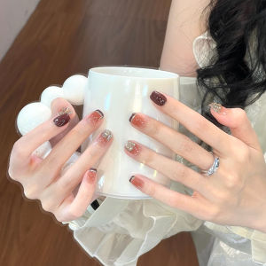 Handmade Red Nail Tips Wearable Nail Art Long Lasting Glue on Nail Tips Medium Length Autumn Winter New Arrival Wedding Celebration