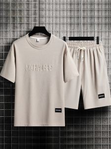 ROMON | Romon Summer Leisure Sports Ice Silk Thin Short Sleeve Shirt And Shorts Set For Men Breathable Comfortable Fashionable Youth Polyester Fiber