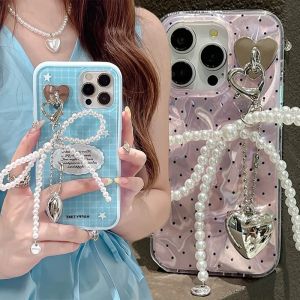 Y2K โบว์ติดมุกลูกปัดที่ละเอียดอ่อนสำหรับตกแต่งกระเป๋าโทรศัพท์ตะขอพวงกุญแจกับหัวใจจี้พวงกุญแจ