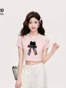 NeveNico Cat Embroidery Slim Fit Short Sleeve T-Shirt Lace Butterfly Knot Street Style Cotton Summer New Arrival for Misses