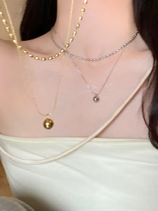 สร้อยคอไททาเนียมทรงกลมแบบสองชั้น โซ่คอสุดหรูหรา เครื่องประดับแฟชั่นสำหรับผู้หญิง โซ่ลูกปัดทรงกลมสไตล์โลหะ