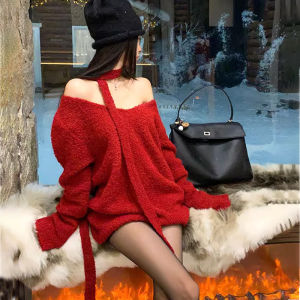Christmas Red Loose Womens Sweater V-Neck Knitted Long Sleeve Mid-Length Pure Color Warmth-Bearing Fashion Design Winter New Arrival