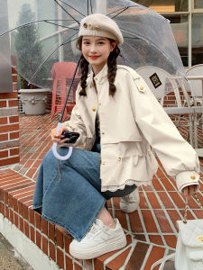 Unique Short Womens Jacket Elegant Street Style Workwear Coat Button Zipper Splice Pocket Drawstring Shoulder Insert Long Sleeve