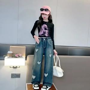 5-16Years Kids Girls Ripped Jeans Heart Design New Style Maong Pants Denim Baggy Pants Teenager Girls Loose Jeans Straight Leg Pants Fashion Trend Pants OOTD