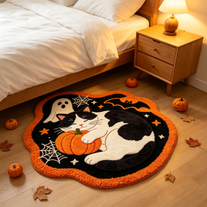 VIKAMA Halloween Pumpkin Cat Rug Soft and Slip-resistant Bedside Cushion for Bedroom Entry Hall Floor Mat Home Decoration
