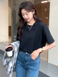 MiiOW | Pure Color Cotton Short Sleeve Round Neck Base Shirt Inner Wear Top Five-Quarter Length Cat Person Black Spring Summer New Arrival