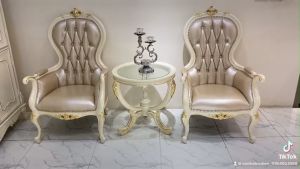 Bộ bàn trà 2 ghế thư giãn dát vàng tân cổ điển cho phòng ngủ  gỗ tự nhiên nhập khẩu 930B-DV