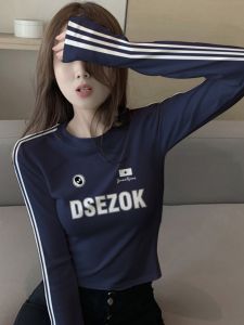 Slim Fit Long Sleeve T-Shirt Womens Spring Autumn Short Style Base Layer Shirt Personality Lns Solid Color Top Trendy Brand