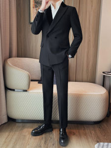 New Chinese Style Slim Fit Casual Mens Suit Jacket Wedding Ceremony Black Tuxedo Set Business Formal Wear Polyester Blend