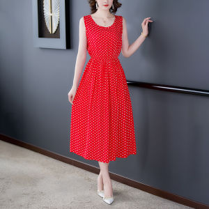 Summer 2024 Slimming Effect Long Cotton Silk Polka Dot Sleeveless Dress Fashionable Outerwear for Small Stature Women