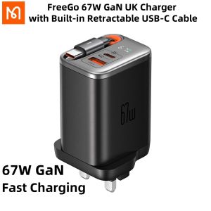 Mcdodo FreeGo 67W GaN UK Charger with Built-in Retractable USB-C 60W Cable USB-A Type C Charger Quick Charge QC3.0 PD PPS USB Type C Charger For iPhone 16 15 14 13 Macbook Laptop iPad Xioami Samsung Huawei Mate 60 Pro GaN Type-C Super Fast Charge Charger